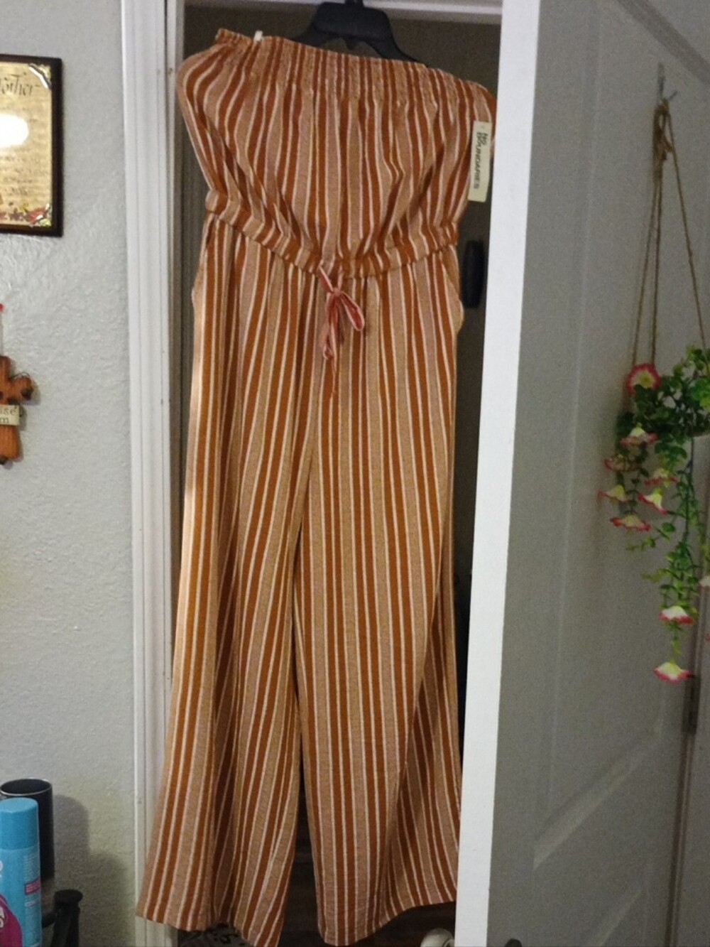 No Boundaries Rust and White Strapless Wide-Leg Jumpsuit